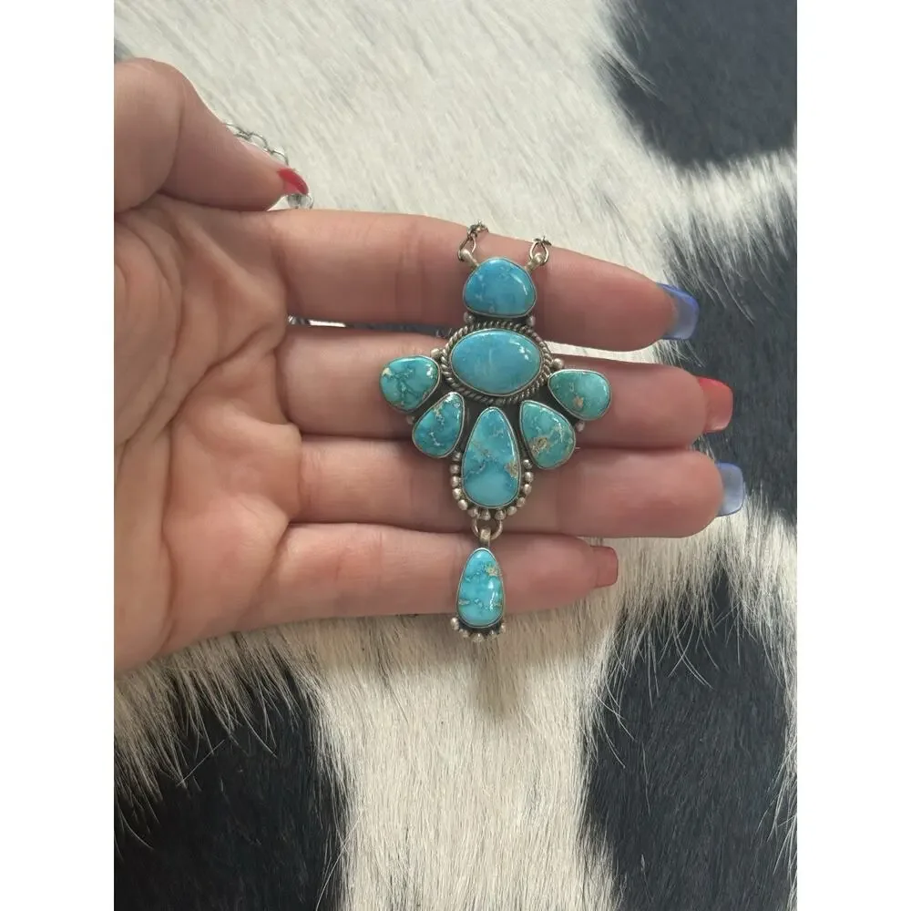 Native American SW Sterling Silver Blue Ridge Turquoise Cluster Blossom Necklace - Picture 3 of 9